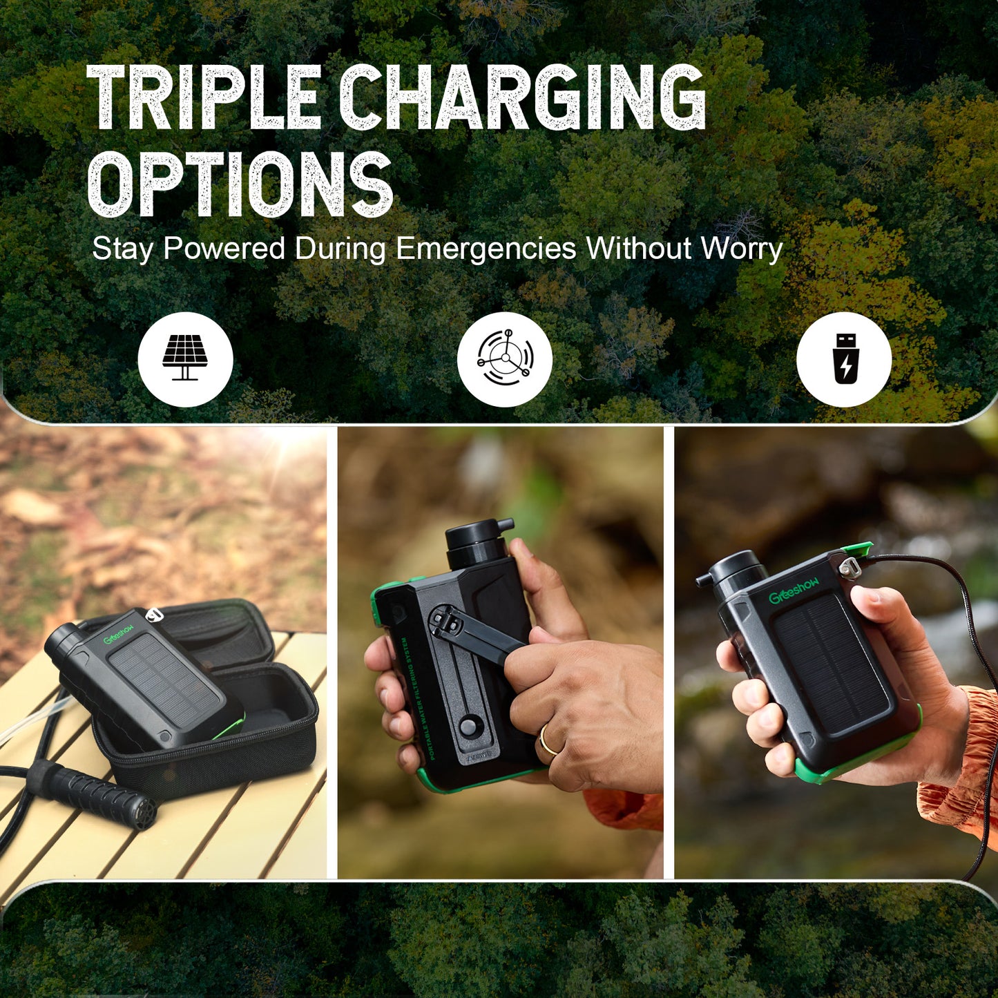 Electric Portable Water Filtering System with Solar Panel and Hand Crank GS-2811 - Greeshow Direct