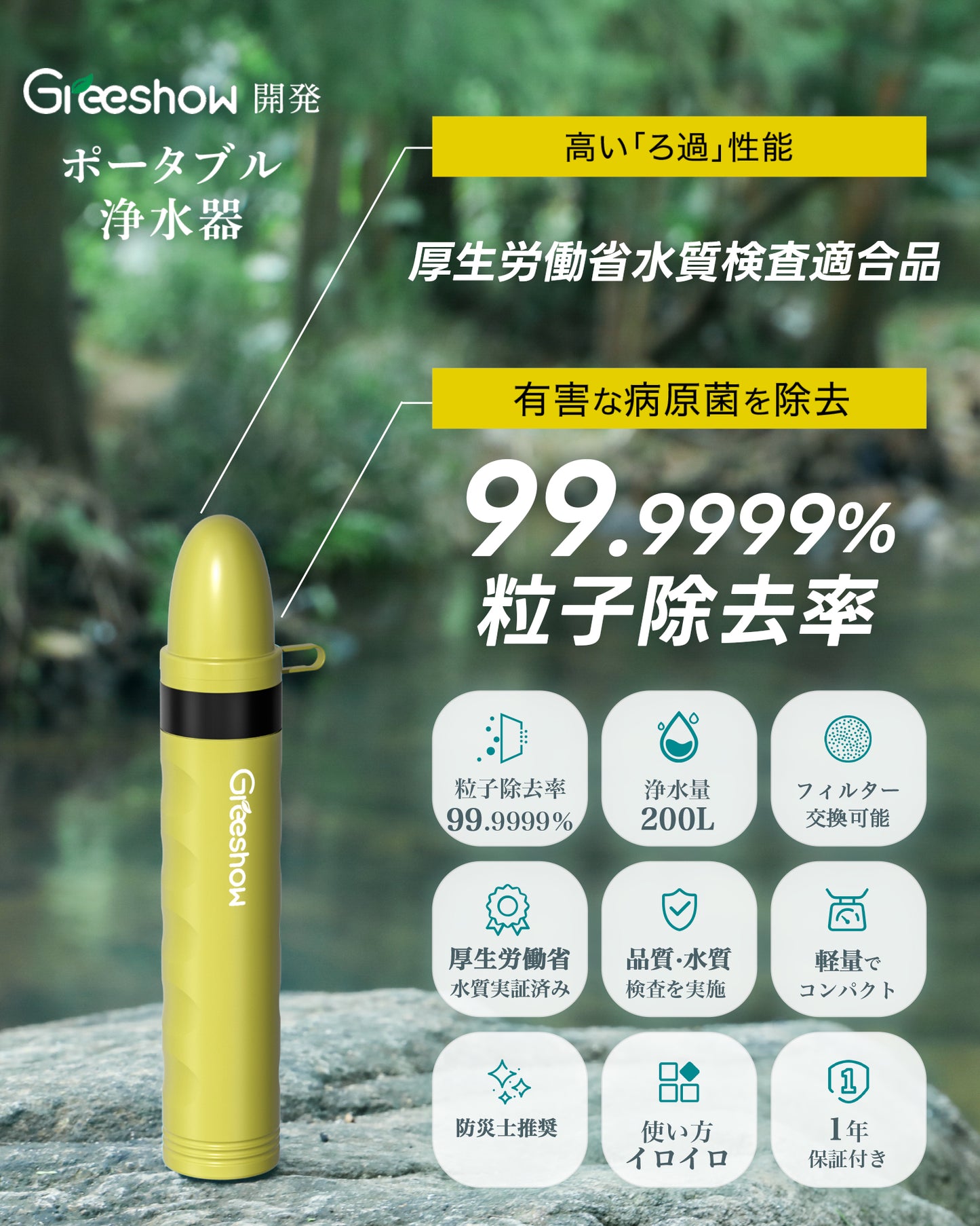 【Greeshow】[Magic Straw] Greeshow Portable Water Purifier for Emergency Use, Disaster Prevention Supplies, Mountaineering, Earthquakes, Disasters, Camping, GS-282 - Greeshow Direct