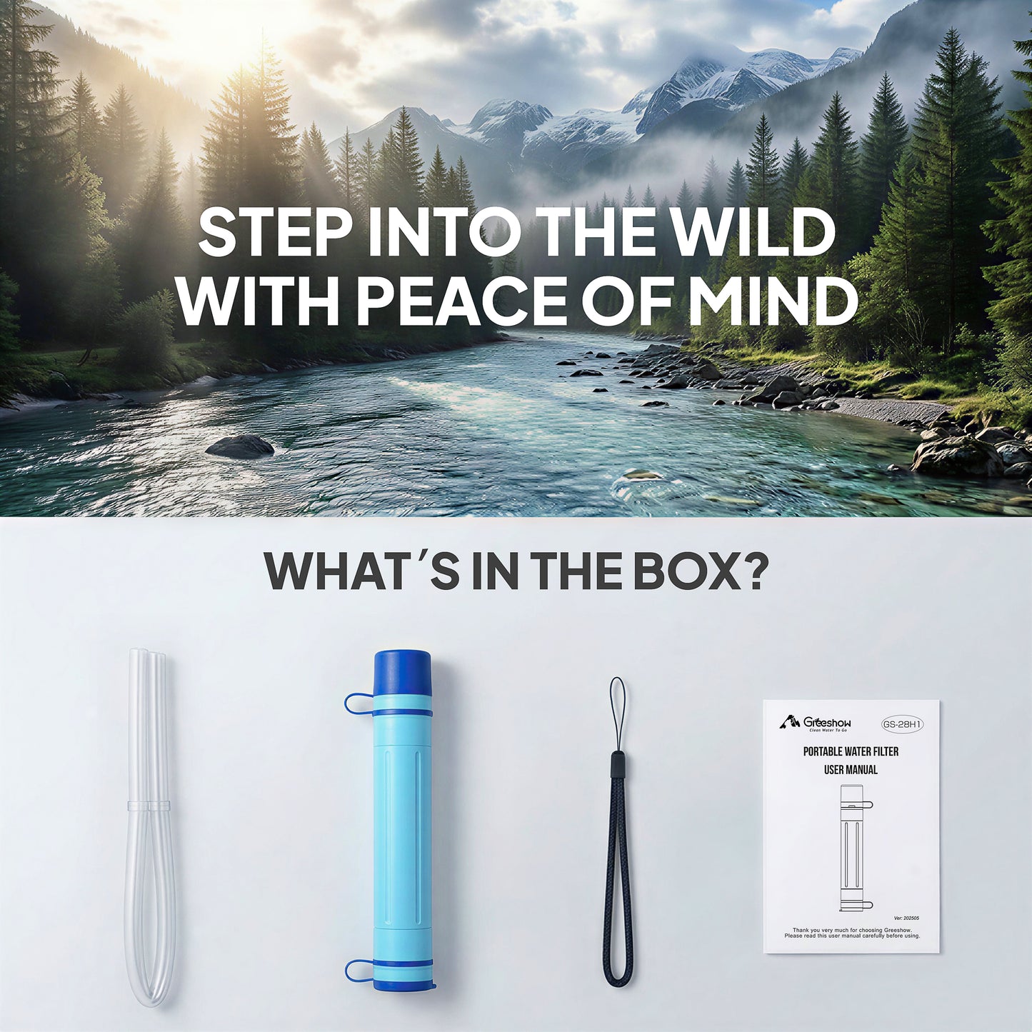 Greeshow Portable Water Filter Straw, Personal Water Filtration System with Replaceable Cartridge, 0.01 Micron Survival Water Purifier Gear for Hiking, Camping, Travel & Emergency Prep, 1 Pack - Greeshow Direct