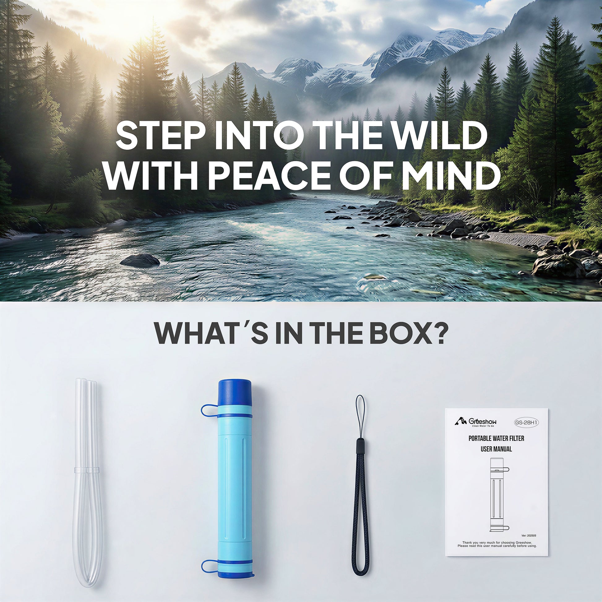 Greeshow Portable Water Filter Straw, Personal Water Filtration System with Replaceable Cartridge, 0.01 Micron Survival Water Purifier Gear for Hiking, Camping, Travel & Emergency Prep, 1 Pack - Greeshow Direct