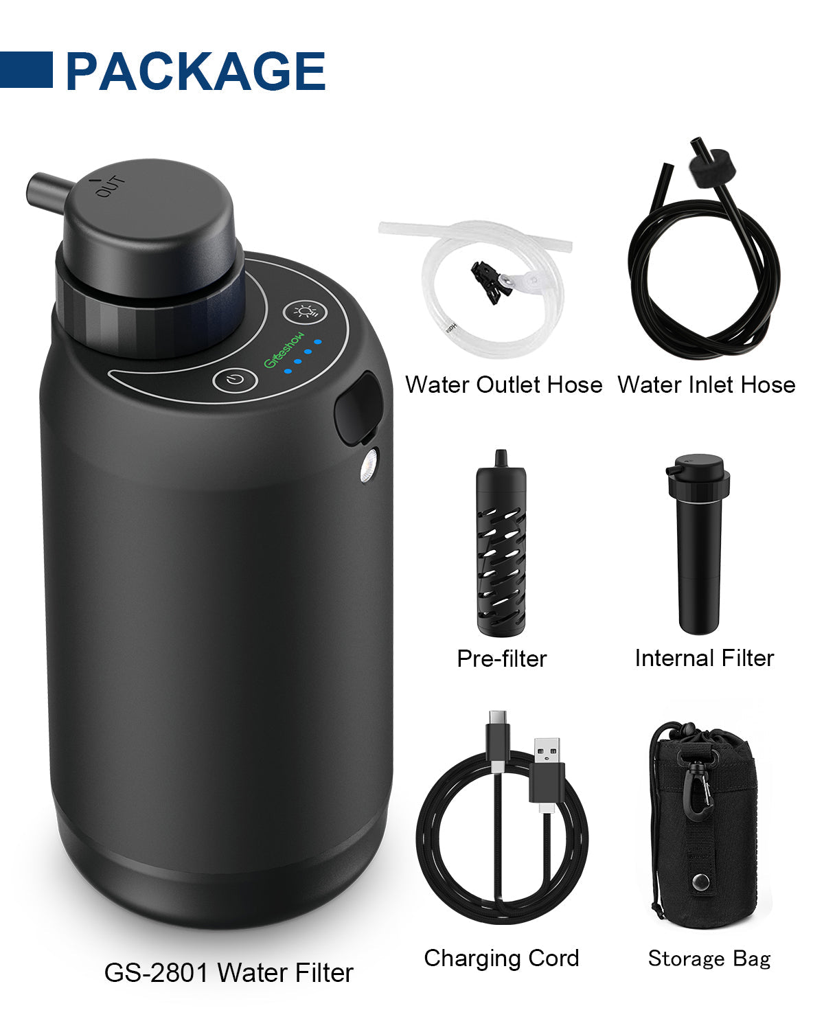 Greeshow Rechargeable 5-Stage Filtration System Portable Water Filter + Extra Pre-Filter & Internal Filter Element - Greeshow Direct